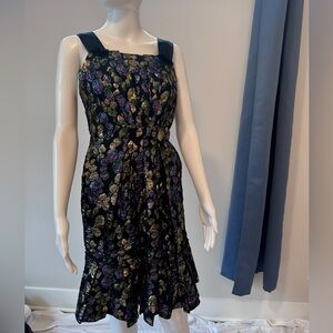 Marc Jacobs Black Midi Dress with Purple and Gold Floral Jacquard